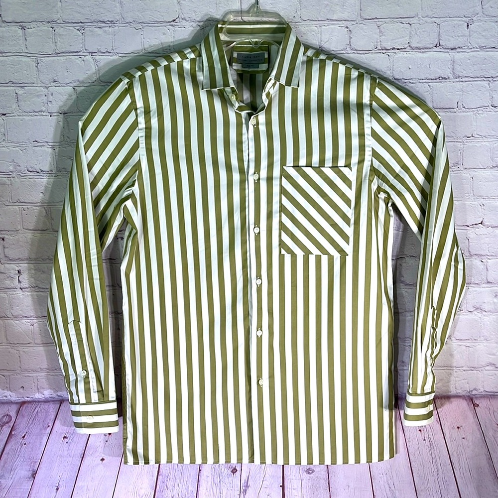 ZARA MAN Green & White Striped Button Down Long Sleeve Shirt. Sizes: Medium